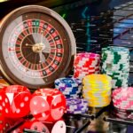 Online gambling, concept. Casino roulette with dice and tokens o