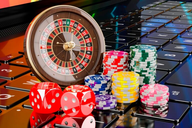 Online gambling, concept. Casino roulette with dice and tokens o